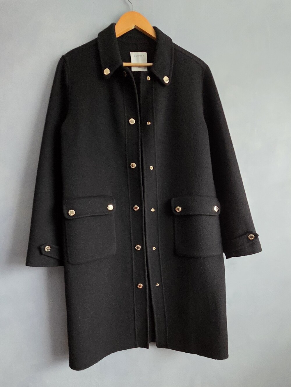 SANDRO PARIS BLACK WOOL BLEND, GOLD SNAPS MID LENGTH JACKET SIZE 38, EUC - Picture 15 of 15